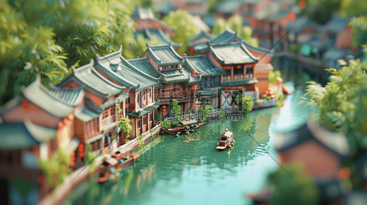 彩色清新江南建筑水乡小船的插画