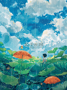 卡通雨天插画图片_春天风景手绘荷花插画雨天海报