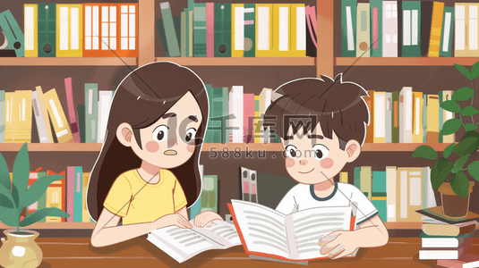 图书线稿插画图片_彩色手绘男孩女孩图书室看书的插画