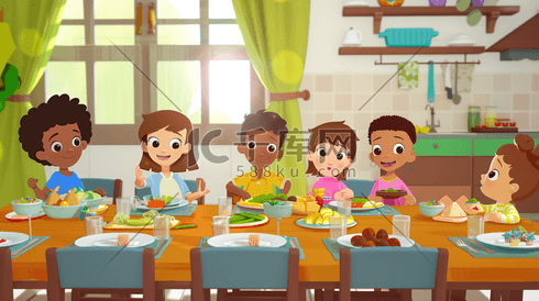 彩色手绘绘画卡通儿童餐桌吃饭的插画