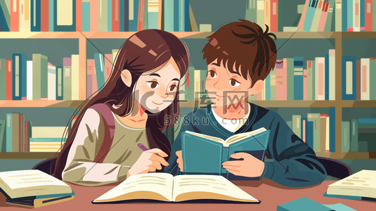 彩色晶格漫画插画图片_彩色手绘男孩女孩图书室看书的插画