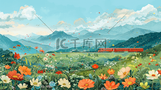 彩色缤纷户外风景花朵轨道火车的插画