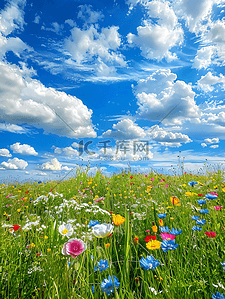 风景唯美意境插画图片_唯美蓝天白云下的花朵花海自然风景