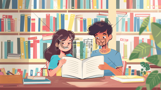 学习的男孩女孩插画图片_彩色手绘男孩女孩图书室看书的插画