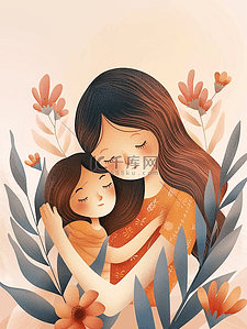 拥抱的妈妈插画图片_彩色花朵花丛树叶母女拥抱的插画