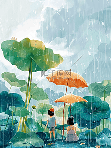 风景荷花春天雨天手绘插画海报