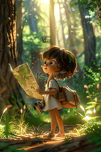 棕色3d插画图片_户外探险女孩树林3d手绘插画春天