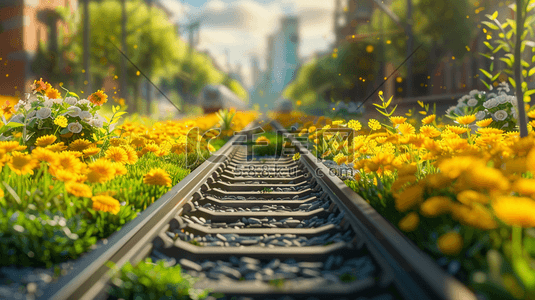 彩色唯美花朵户外轨道火车的插画