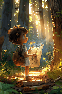 春天户外手绘探险女孩树林3d插画