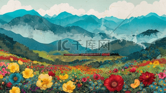 火车轨道火车插画图片_彩色缤纷户外风景花朵轨道火车的插画