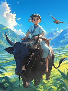 在父亲背上骑马插画图片_彩色户外风景古装儿童牛背上的插画
