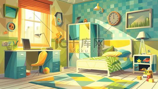 黄绿色装饰插画图片_彩色梦幻唯美清新儿童房间装饰的插画