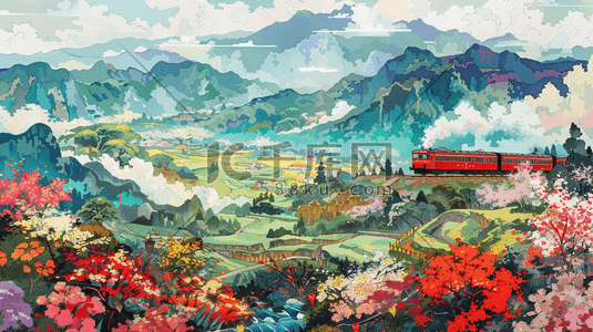 彩色缤纷户外风景花朵轨道火车的插画