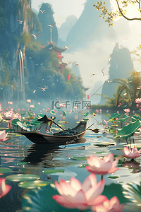 划船小船插画图片_春天湖水植物划船手绘插画海报