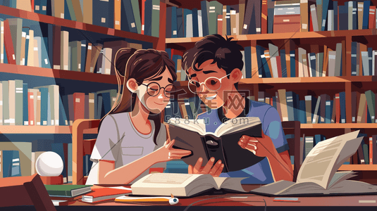 彩色手绘男孩女孩图书室看书的插画