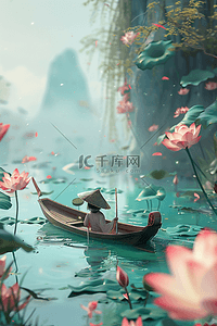 划船小船插画图片_春天湖水划船植物插画手绘海报
