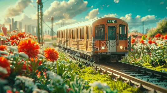 轨道火车插画图片_彩色唯美花朵户外轨道火车的插画