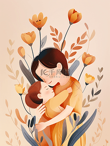 拥抱的插画图片_彩色花朵花丛树叶母女拥抱的插画