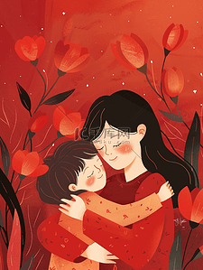 彩色花朵插画图片_彩色花朵花丛树叶母女拥抱的插画