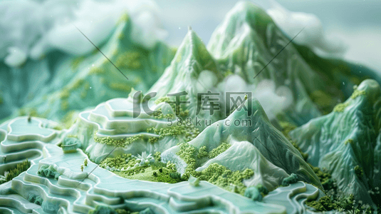 高级质感产品展示插画图片_绿色山水山色风景摆件的插画