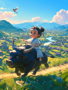 彩色户外风景古装儿童牛背上的插画