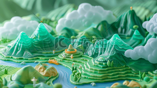 高级质感产品展示插画图片_绿色山水山色风景摆件的插画