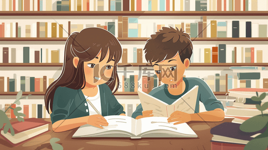 的男孩女孩插画图片_彩色手绘男孩女孩图书室看书的插画