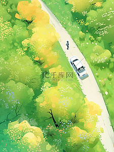 行驶的道路插画图片_行驶在山花烂漫公路上的汽车插画