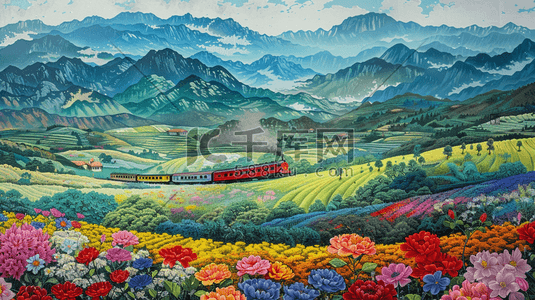火车轨道火车插画图片_彩色缤纷户外风景花朵轨道火车的插画