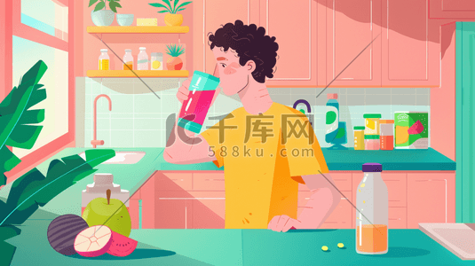 装修装饰背景插画图片_彩色扁平化绘画女士厨房喝饮料的插画