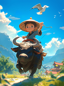 在父亲背上骑马插画图片_彩色户外风景古装儿童牛背上的插画