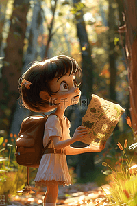 手绘童话风格插画图片_春天户外探险手绘女孩树林3d插画