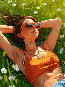 女孩孩插画图片_手绘清新唯美女孩躺在草坪上的插画