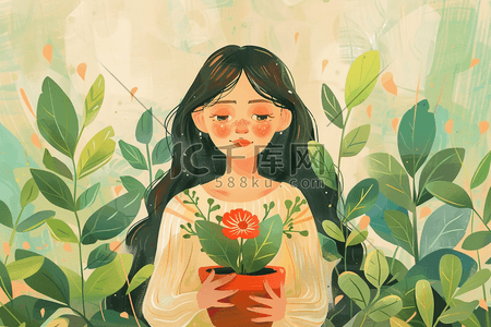 女孩春天植物花朵手绘插画海报