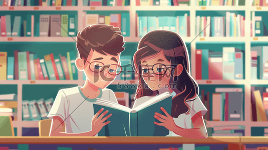 图书仓储插画图片_彩色手绘男孩女孩图书室看书的插画