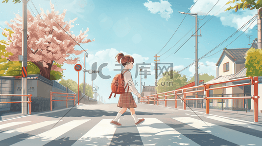 卡通道路插画图片_彩色唯美卡通女孩上学的插画