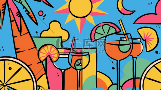 彩色线条插画图片_彩色卡通动漫绘画风格餐厅饮料的插画