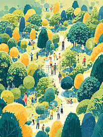 彩色手绘俯视公园树木人们游玩的插画