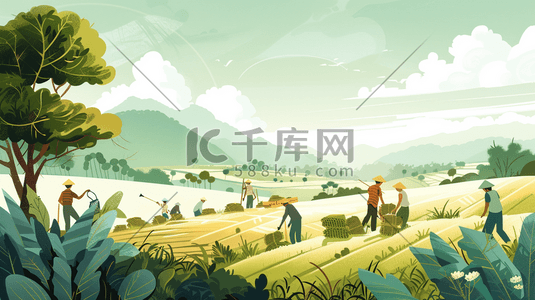 陕西农民插画图片_彩色手绘绘画农民农田里种田色插画