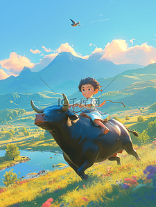的背插画图片_彩色户外风景古装儿童牛背上的插画