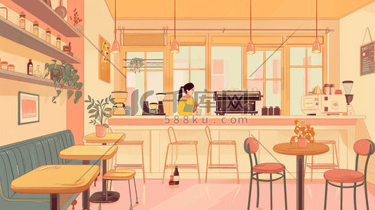 餐厅里面插画图片_彩色扁平化女子餐厅里的插画