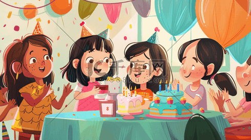 彩色卡通女孩开心生日聚会的插画