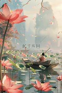 湖水划船植物春天手绘插画海报