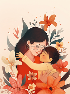 彩色花朵花丛树叶母女拥抱的插画