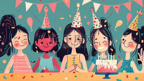 彩色卡通女孩开心生日聚会的插画