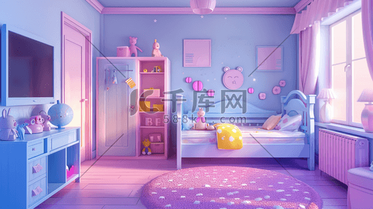 彩色梦幻唯美清新儿童房间装饰的插画