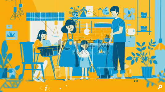 简约自然简单平面室内一家人打扫的插画