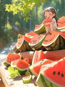 彩色卡通大笑女孩吃西瓜的插画