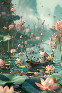 湖水划船植物手绘春天插画海报