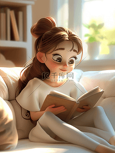 背景白色纯色插画图片_女孩看书读书日海报3d插画